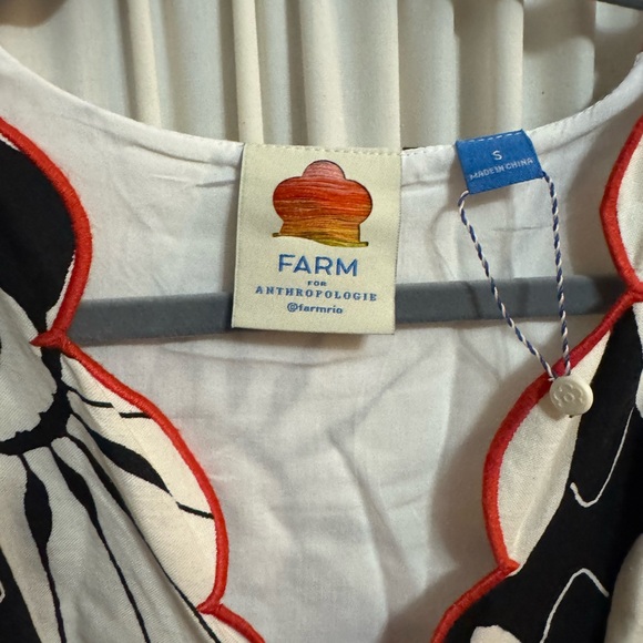 FARM RIO Black / White Floral Midi Dress with Red and Yellow Trim Ruffle Accents - Picture 4 of 5